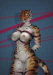 abs anthro areola baleinebleue bound breasts erect_nipples eyes_closed felid female genitals hi_res mammal nipples pantherine pussy rope rope_bondage rope_harness simple_background solo stripes tiger 