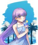  1girl absurdly_long_hair adapted_costume alternate_costume bare_shoulders blue_dress blue_sky blush collarbone cup dress drinking drinking_glass drinking_straw fire_emblem fire_emblem:_the_binding_blade food fruit highres holding holding_cup lemon lemon_slice long_hair mesz410 ocean palm_tree purple_eyes purple_hair sky sleeveless sleeveless_dress solo sophia_(fire_emblem) tree very_long_hair 