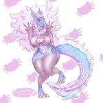  1:1 anthro blue_body breasts claws clothed clothing fan_character female fur hair hi_res horn kaiju non-mammal_breasts purple_eyes simple_background smile solo tongue tongue_out vipery-07 white_background white_body white_fur white_hair 