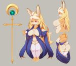  4_fingers anthro big_breasts big_butt blonde_hair blue_clothing blush breasts brown_body brown_fur butt chest_tuft choker clothed clothing countershading dipstick_ears fingers front_view fur grey_background hair hi_res jewelry kemono lagomorph legwear leporid long_hair magic_user mammal model_sheet multicolored_body multicolored_ears multicolored_fur multicolored_hair multiple_angles necklace paws rabbit rear_view red_eyes side_view simple_background skimpy slightly_chubby smile solo staff standing tan_body tan_fur thigh_highs tuft two_tone_body two_tone_fur two_tone_hair white_clothing white_hair white_legwear whooo-ya 
