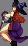  1girl ass black_footwear breasts brown_hair curvy d-ryuu detached_sleeves dragon&#039;s_crown dress elbow_gloves gloves hat holding holding_hat large_breasts lips long_hair orange_eyes purple_dress shoes sorceress_(dragon&#039;s_crown) staff thighs twitter_username witch_hat 