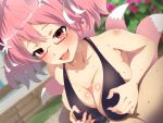  animal_ears breasts censored elysia_watanabe fangs flower fox_ears fox_tail glasses hair_flower hair_ornament highres multiple_tails paizuri pink_hair red_eyes tail takashia_(akimototakashia) 