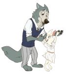  3_toes 4_fingers absurd_res anthro barefoot beastars black_nose bottomwear brown_eyes canid canine canis cheek_tuft claws clothed clothing colored disney doodle-mark dress duo facial_tuft female fingers fluffy fluffy_tail fully_clothed fur green_eyes grey_body grey_fur haru_(beastars) hi_res lagomorph larger_anthro larger_male legoshi_(beastars) leporid looking_at_another male mammal neck_tuft pants pawpads pink_nose predator/prey rabbit shirt simple_background size_difference smaller_anthro smaller_female standing teenager toe_claws toes topwear tuft white_background white_body white_fur wolf young zootopia 