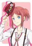  1girl bangs blue_eyes braid closed_mouth collarbone collared_shirt dress_shirt hat holding holding_hat long_sleeves looking_at_viewer musical_note neck_ribbon one_side_up pink_background red_hair red_headwear red_ribbon ribbon rose_(tales) saklo shiny shiny_hair shirt short_hair single_braid smile solo suspenders swept_bangs tales_of_(series) tales_of_zestiria upper_body white_background white_shirt wing_collar 