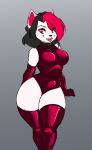  2019 absurd_res anthro bangs black_hair black_nose breasts clothing collar collarbone curvy_figure cute_fangs domestic_cat faizenek felid feline felis female fur glistening glistening_clothing glistening_gloves glistening_legwear gloves hair hair_over_eyes handwear happy hi_res highlights_(coloring) hourglass_figure legwear looking_down mammal medium_breasts monotone_body monotone_fur open_mouth open_smile portrait red_clothing red_eyes red_gloves red_highlights red_legwear rubber rubber_suit simple_background small_waist smile solo standing straight_hair thick_thighs thigh_highs three-quarter_portrait tight_clothing white_body white_fur wide_hips 