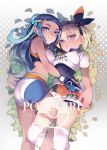  2girls absurdres aqua_hair bangs belly_chain black_hair black_hairband blue_eyes bodysuit bodysuit_under_clothes bow breasts closed_mouth commentary_request cover cover_page doujin_cover earrings eyelashes eyeshadow gloves grey_hair gym_leader hair_between_eyes hair_bun hairband highres hoop_earrings jewelry knee_pads long_hair makeup multicolored_hair multiple_girls necklace pokemon pokemon_(game) pokemon_swsh rurina_(pokemon) saitou_(pokemon) shirt short_hair short_sleeves shorts two-tone_hair xiaobang 