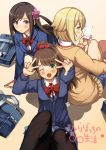  3girls bangs blonde_hair brown_eyes brown_hair cellphone commentary copyright_name eyebrows_visible_through_hair garimpeiro green_eyes highres hitori_bocchi hitoribocchi_no_marumaru_seikatsu honshou_aru logo looking_at_phone multiple_girls one_eye_closed phone pink_eyes ponytail school_uniform scrunchie side_ponytail sitting smartphone sunao_nako 