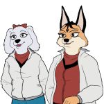 1:1 alpha_channel animated anthro bird_dog canid canine canis clothed clothing domestic_dog duo fay_spaniel felid feline female fredryk_phox gesture humanoid_hands hunting_dog jacket low_res lynx mammal middle_finger miyu_lynx nintendo short_playtime simple_background spaniel star_fox star_fox_the_animated_series topwear transparent_background video_games 