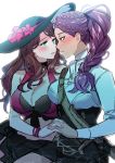  2girls alpha_(eren_mfmf) breasts brown_eyes brown_hair cleavage dark_skin dorothea_arnault earrings fire_emblem fire_emblem:_three_houses fire_emblem_heroes flower garreg_mach_monastery_uniform green_eyes hat hat_flower holding_hands jewelry large_breasts long_hair long_sleeves looking_to_the_side multiple_girls parted_lips petra_macneary ponytail purple_hair simple_background swimsuit uniform white_background yuri 