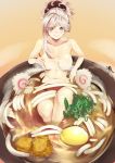  1girl absurdres asymmetrical_hair bangs blinkblink_art blue_eyes blush bowl breasts chopsticks collarbone fate/grand_order fate_(series) food hair_ornament highres large_breasts long_hair looking_at_viewer miyamoto_musashi_(fate/grand_order) navel noodles nude oversized_food oversized_object pink_hair ponytail smile swept_bangs udon 