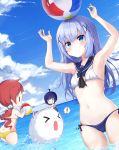  ! &gt;o&lt; 2drr 3girls ahoge armpits ball bangs bare_shoulders beachball bikini blue_bikini blue_eyes blue_hair blue_sky blush breasts commentary_request day eyebrows_visible_through_hair gochuumon_wa_usagi_desu_ka? hair_between_eyes hair_ornament highres jouga_maya kafuu_chino long_hair looking_at_viewer multiple_girls natsu_megumi navel object_on_head open_mouth outdoors red_hair sky small_breasts spoken_exclamation_mark swimsuit tongue tongue_out twintails white_bikini x_hair_ornament yellow_bikini 