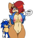  anthro archie_comics areola areola_slip big_breasts bodily_fluids bottomless breasts chipmunk clothed clothing curvy_figure darkwolfhybrid dialogue duo eulipotyphlan female genitals ground_squirrel hands_behind_head hedgehog hi_res looking_down male mammal nipples pubes pussy rodent sally_acorn sciurid sonic_the_hedgehog sonic_the_hedgehog_(archie) sonic_the_hedgehog_(comics) sonic_the_hedgehog_(series) sweat thick_thighs tongue 