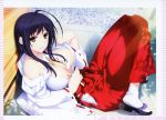  1girl areolae bangs eyebrows_visible_through_hair hakama highres huge_filesize iizuki_tasuku japanese_clothes long_hair looking_at_viewer lovely_x_cation_2 lying miko nipples official_art on_back parted_lips red_hakama sandals scan shiny shiny_hair simple_background smile solo tabi white_legwear 