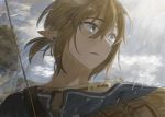  1boy blonde_hair blue_eyes blue_tunic cloud day earrings hair_between_eyes highres jewelry link mabelmine male_focus open_mouth outdoors pointy_ears shirt sky solo sunlight the_legend_of_zelda the_legend_of_zelda:_breath_of_the_wild tunic upper_body 