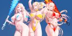  3girls absurdres armpits arms_up ass_visible_through_thighs bell bell_choker bikini blonde_hair blue_background blue_eyes bracelet breasts choker club contrapposto cowboy_shot criss-cross_halter eyeliner fangs front-tie_bikini front-tie_top halterneck highleg highleg_bikini highres horns huge_breasts jewelry jingle_bell lips long_hair makeup mole mole_on_thigh mole_under_mouth multiple_girls nail_polish navel nightmadness nikke_the_goddess_of_victory o-ring o-ring_swimsuit one-piece_swimsuit open_mouth orange_eyes parted_lips red_bikini red_eyes ribbon_choker side-tie_bikini sidelocks simple_background single_horn skindentation spiked_club swimsuit thighs weapon white_bikini yellow_swimsuit 