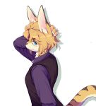  absurd_res ambiguous_gender anthro black_nose blonde_hair blue_eyes blush clothed clothing countershading felid fluffy fluffy_hair fully_clothed fur hair half-length_portrait hand_behind_head hand_on_head hi_res inner_ear_fluff jaguar kemono looking_at_viewer mammal multicolored_body multicolored_fur multicolored_tail pantherine portrait purple_clothing purple_shirt purple_topwear shirt short_hair side_view simple_background solo spots standing topwear tuft vest white_background white_body white_countershading white_fur whooo-ya yellow_body yellow_fur 