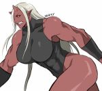  2020 asian_mythology big_breasts black_sclera breasts clothed clothing demon east_asian_mythology female horn humanoid humanoid_pointy_ears japanese_mythology leotard muscular muscular_female mythology not_furry oni red_body red_skin shibusun simple_background solo white_background yellow_eyes yōkai 