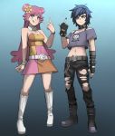  &gt;:( 2girls :q ami_onuki belt black_nails blue_eyes blue_hair boots bracelet breasts cleavage collar dress flower hair_flower hair_ornament hi_hi_puffy_amiyumi highres jewelry jourd4n knee_boots long_hair medium_breasts middle_finger multiple_girls pink_eyes pink_hair punk short_hair spiked_bracelet spiked_collar spikes tongue tongue_out torn_clothes torn_legwear two-tone_background v watch white_footwear yumi_yoshimura 