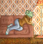  amphibian anthro bottomwear carpet clothing female footwear frog furniture hand_on_face homo_the_domo jeans lamp pants shoes sofa solo sweater topwear turtleneck_sweater 