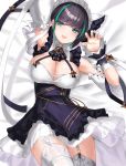  1girl animal_ears azur_lane blush breasts cheshire_(azur_lane) cleavage detached_sleeves dress eyebrows_visible_through_hair frilled_hairband frilled_headband frilled_ribbon frills garter_straps green_eyes green_hair hairband highres large_breasts long_ribbon looking_at_viewer lying maid_dress maid_headdress moros multicolored_hair on_back paw_pose puffy_detached_sleeves puffy_sleeves purple_apron ribbon smile solo streaked_hair thighhighs white_legwear wrist_cuffs 