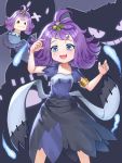  1girl acerola_(pokemon) arm_up armlet blue_eyes blush collarbone commentary dress drifblim eyelashes gen_1_pokemon gen_4_pokemon gen_7_pokemon gengar hair_ornament hand_up highres medium_hair multicolored multicolored_clothes multicolored_dress open_mouth palossand pokemon pokemon_(game) pokemon_sm purple_hair shiny shiny_hair short_sleeves smile stitches tongue topknot woodpecker_(alsdndlekd) 