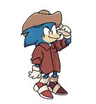  2019 anthro baggy_clothing blue_body blue_fur brown_clothing brown_shirt brown_topwear clothed clothing cowboy_hat escapethecitywithme eulipotyphlan footwear fur gloves green_eyes handwear hat headgear headwear hedgehog low_res male mammal shirt shoes simple_background smile solo sonic_the_hedgehog sonic_the_hedgehog_(film) sonic_the_hedgehog_(series) standing topwear white_background 