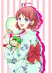  1girl :d ahoge back_bow blue_eyes blue_kimono bow from_side hair_ornament japanese_clothes kimono looking_at_viewer obi open_mouth red_bow red_hair rose_(tales) saklo sash shiny shiny_hair short_hair smile solo sparkle standing striped striped_background striped_kimono tales_of_(series) tales_of_zestiria yukata 