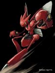  artist_name black_background commentary_request gen_2_pokemon horns no_humans pincers pokemon pokemon_(creature) scizor solo wings yellow_eyes zokune 