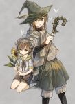  2girls age_difference ahoge brown_hair cane child dress flower green_dress green_sailor_collar hat holding holding_cane horns itou_hachi long_sleeves multiple_girls original poncho sailor_collar school_uniform serafuku short_hair shorts socks sunflower tareme white_legwear witch_hat 