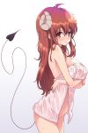  1girl ahoge blush brown_hair commentary demon_girl demon_horns demon_tail eyebrows_visible_through_hair highres horns long_hair machikado_mazoku mel_(melty_pot) naked_towel solo tail towel wet wet_towel yoshida_yuuko_(machikado_mazoku) 