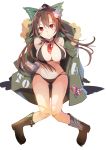  1girl :&lt; bare_legs bare_shoulders bikini black_bikini black_choker boots bow breasts brown_footwear brown_hair choker cleavage closed_mouth full_body green_bow green_jacket hair_between_eyes hair_bow highres jacket large_breasts long_hair looking_at_viewer red_eyes reiuji_utsuho simple_background sitting solo swimsuit tetsurou_(fe+) third_eye touhou white_background 