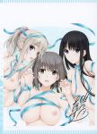  3girls absurdres areolae bangs eyebrows_visible_through_hair highres iizuki_tasuku isurugi_yuki kurihara_aiko long_hair looking_at_viewer multiple_girls naruse_nono niizuma_lovely_x_cation nipples open_mouth scan shiny shiny_hair short_hair simple_background smile 