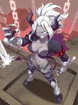  1girl armor belt black_horns black_tail boots breasts chain clawed_gauntlets cleavage collarbone commentary_request dark_skin death demon_girl demon_horns demon_tail from_above full_body gauntlets grin helltaker highres horns jacket judgement_(helltaker) kk_aa_nn_ii large_breasts long_hair looking_at_viewer midriff navel pointy_ears ponytail silver_hair skeleton smile solo standing stomach tail teeth thigh_strap v-shaped_eyebrows white_eyes 
