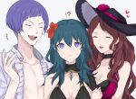  !? 1boy 2girls akina_(akn_646) blue_eyes blue_hair breasts brown_hair byleth_(fire_emblem) byleth_(fire_emblem)_(female) cleavage closed_eyes dorothea_arnault earrings fire_emblem fire_emblem:_three_houses fire_emblem_heroes flower hair_flower hair_ornament hat hat_flower highres jewelry large_breasts long_hair lorenz_hellman_gloucester multiple_girls nail_polish open_mouth purple_hair ring short_hair simple_background swimsuit upper_body white_background 