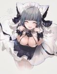  1girl :d animal_ears azur_lane bent_over bow bowtie breasts cat_ears cheshire_(azur_lane) cleavage closed_eyes cropped_legs dress facing_viewer fake_animal_ears fang hands_up highres large_breasts maid maid_headdress open_mouth paw_pose smile solo standing thighhighs white_dress white_legwear wing_collar wrist_cuffs yatsuha_(hachiyoh) 