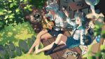 2girls animal_ear_fluff animal_ears armband bare_legs black_hair black_legwear blue_sailor_collar blurry_foreground cat cat_ears cat_tail falling_petals from_above game_console guitar highres instrument legwear_removed living_room long_sleeves mismatched_legwear multiple_girls necktie nintendo_switch original outdoors paper_airplane petals playstation_4 playstation_controller pleated_skirt ponytail porch sailor_collar school_uniform serafuku skirt socks tail tea tray vofan white_hair yellow_eyes 