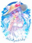  1girl animal_ears carnelian cat_ears dress english_text food hat holding holding_food ice ice_cream ice_cube long_hair looking_at_viewer original purple_eyes silver_hair solo straw_hat sundress teeth tongue twintails upper_body water white_dress 