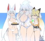  3girls alternate_breast_size animal_ears babydoll bare_arms bare_legs bare_shoulders big_hair bikini bikini_under_clothes blonde_hair blue_eyes bow bow_bikini bow_swimsuit breasts brown_hair cleavage closed_eyes collarbone cup dated drinking drinking_straw drinking_straw_in_mouth extra_ears eyebrows_visible_through_hair ezo_red_fox_(kemono_friends) fang food fox_ears fox_girl fox_tail front-tie_top furrowed_eyebrows hair_between_eyes halterneck handheld_game_console highres holding holding_cup holding_handheld_game_console holding_tray hood hood_down hoodie huge_breasts japari_symbol kemono_friends leaning_forward lion_ears lion_girl long_hair long_sleeves looking_at_viewer looking_down multicolored_hair multiple_girls navel oinari-sama_(kemono_friends) open_clothes open_hoodie open_mouth orange_eyes playing_games sega sega_game_gear side-by-side side-tie_bikini side-tie_bottom sidelocks signature skindentation smile standing stomach strap_gap swimsuit tail thigh_gap tray unaligned_breasts very_long_hair white_bikini white_hair white_lion_(kemono_friends) white_swimsuit yoshida_hideyuki 