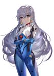  1girl bangs blue_gloves bodysuit bronya_zaychik closed_mouth cowboy_shot earrings expressionless eyebrows_visible_through_hair ginklaga gloves hair_between_eyes hair_ornament hand_on_own_arm highres honkai_(series) honkai_impact_3rd jewelry long_hair looking_at_viewer multicolored multicolored_bodysuit multicolored_clothes neon_genesis_evangelion number plugsuit silver_eyes silver_hair simple_background solo very_long_hair white_background 