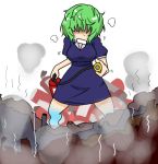  1girl alternate_costume fire_extinguisher ghost_tail green_hair handsome_wataru rubble shaded_face short_hair smoke soga_no_tojiko sweat touhou 