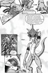  anthro battle_helmet blackwargreymon blush clothing comic comic_page comic_panel cute_expression cute_face digimon digimon_(species) dirty_talk dragon duo english_text featureless_crotch flamedramon hair humanoid looking_at_another looking_at_partner looking_at_viewer male male/male mostly_nude muscular muscular_male nude pinup pose simple_background smug_face smug_grin sound_effects striped_body stripes suprised_look surprise text tongue tongue_out undressing 