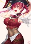  1girl bangs bicorne blush bodystocking breasts eyepatch gloves hat heterochromia hololive houshou_marine large_breasts long_hair looking_at_viewer okitakung open_mouth pirate_hat red_eyes red_hair simple_background smile twintails virtual_youtuber white_gloves yellow_eyes 