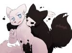  anthro black_body black_fur blue_eyes blush bodily_fluids canid canine changed_(video_game) duo fur genital_fluids lin_(changed) male male/male mammal open_mouth precum puro_(changed) simple_background video_games white_background white_body white_fur xttttd 