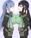  2girls bike_shorts black_hair blue_eyes blue_hair breast_contest breast_press confrontation eye_contact face-to-face fang from_side glaring hands_on_hips highres kongthegrain lightning_glare long_hair looking_at_another military military_uniform multiple_girls original ponytail profile rivalry smile spark symmetrical_docking twintails uniform yellow_eyes 