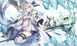  1girl animal_ears arknights bangs black_shorts boots dress eyebrows_visible_through_hair fy_fei_xiao_ya high_heel_boots high_heels highres ice long_hair long_sleeves looking_at_viewer owl_ears parted_lips ptilopsis_(arknights) short_dress short_shorts shorts solo staff thigh_boots thigh_strap thighhighs white_dress white_footwear white_hair white_legwear wide_sleeves yellow_eyes 