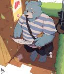  2020 absurd_res anthro blue_body blue_fur blush bottomwear clothing detailed_background fur hi_res humanoid_hands kemono male mammal outside overweight overweight_male piero03432812 shirt shorts solo topwear ursid 
