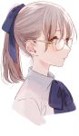  1girl bangs blue_bow blue_neckwear bow collared_shirt ear eyebrows_behind_hair glasses hair_bow highres light_brown_hair looking_to_the_side misumi_(macaroni) orange_eyes original parted_lips ponytail profile shadow shirt solo white_background white_shirt 