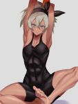  1girl akire_zz armpits arms_up bangs barefoot black_bodysuit black_hairband blush bodysuit bow breasts cleavage commentary covered_abs covered_navel covered_nipples eyelashes feet grey_background grey_hair gym_leader hair_between_eyes hairband highres looking_at_viewer muscle parted_lips pokemon pokemon_(game) pokemon_swsh saitou_(pokemon) shiny shiny_hair simple_background sitting soles solo spread_legs toenails v-shaped_eyebrows 