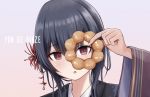  1girl bangs black_hair close-up commentary_request doughnut flower food hair_flower hair_ornament highres holding holding_food idolmaster idolmaster_shiny_colors japanese_clothes kata2yama kimono long_hair morino_rinze pon_de_ring red_eyes simple_background solo 