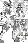  animal_humanoid anthro armor battle battle_armor battle_cry battle_helmet belly boom bulg claws clothed clothing comic comic_page comic_panel digimon digimon_(species) dragon energy_ball english_text explosion featureless_crotch fighting_pose flamedramon humanoid looking_at_viewer machine male open_mouth pose power_armor simple_background solo sound_effects text white_belly white_body white_skin 